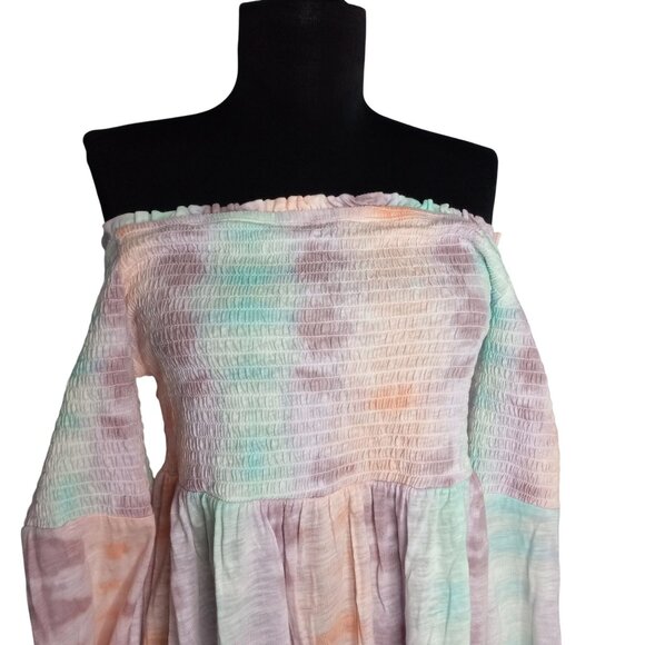 Torrid Size 0 L 12 Top Baby Doll Off Shoulder Tie Dye Smocked Bell Sleeves Knit - Picture 2 of 10
